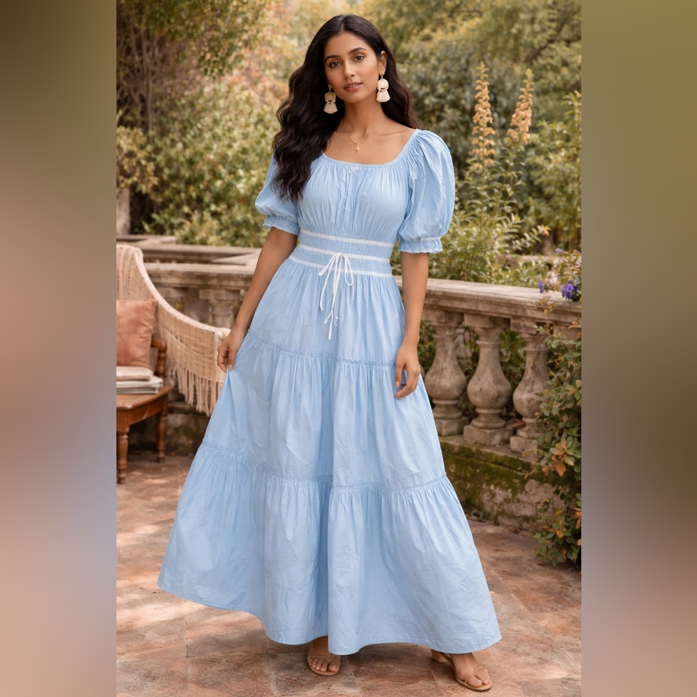 D93. Light Blue Puff-Sleeve Tiered Maxi Dress - Picture 1 of 1
